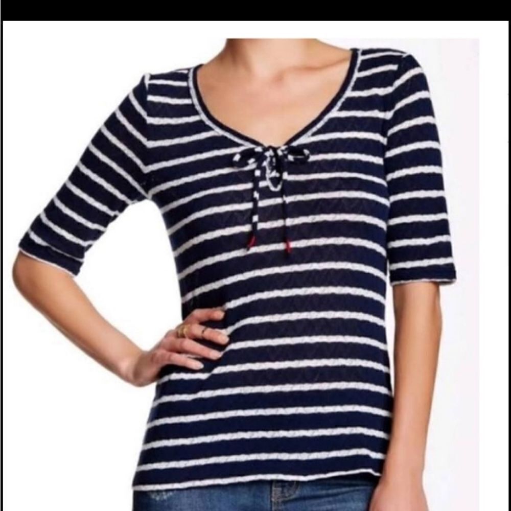 Lucky Brand Navy Blue & White Striped Lightweight Elbow Sleeve Sweater Shirt L